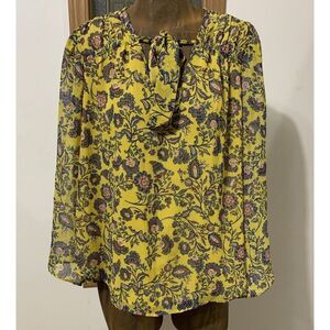 Jessica Simpson Leslie Sheer Chiffon Blouse Yellow Flare Bell Sleeve Small